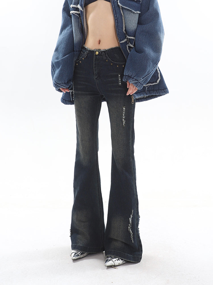 【23s November.】Washed Distressed Raw Edge Jeans