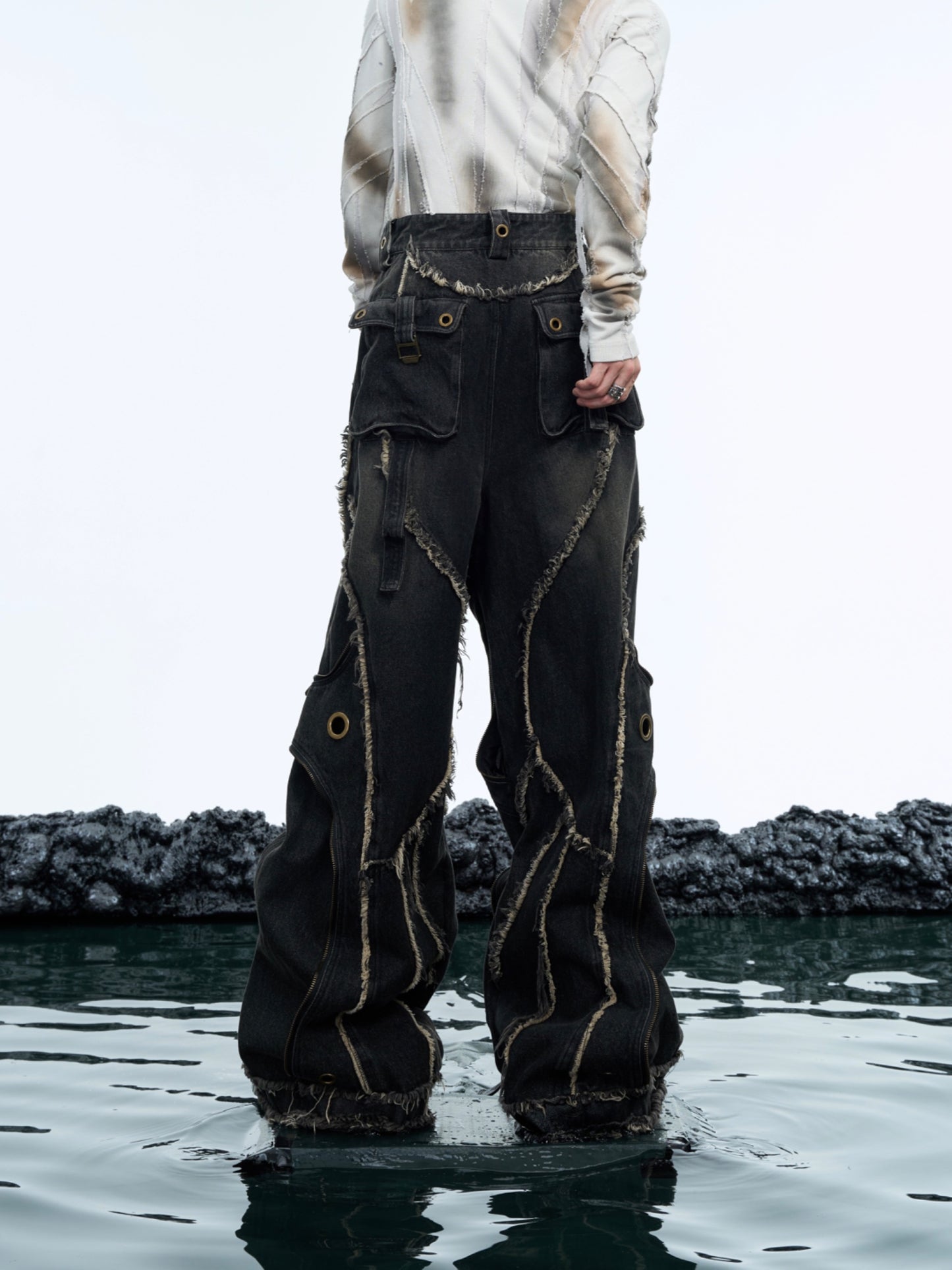 【25s Mar.】Double-Layer Raw Hem Distressed Loose-Fit Denim Pants