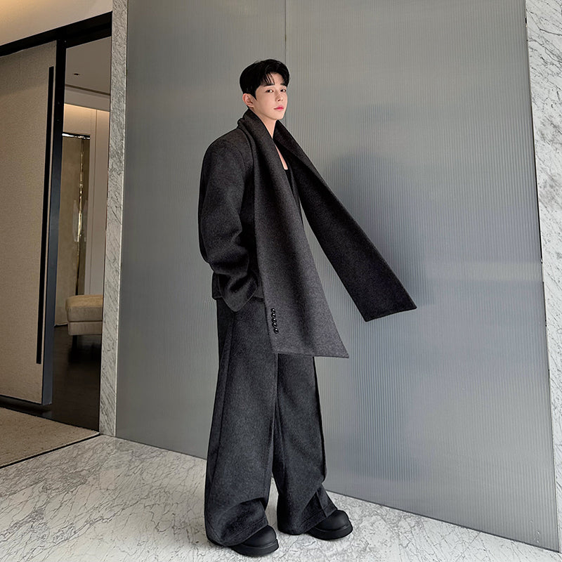 【24s Dec.】Heavy Woolen Collarless Suit, Scarf and Straight Pants Three-piece Suit ArtsKoreanMan