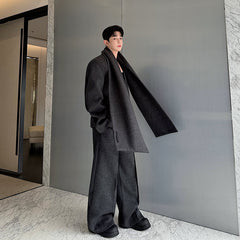 【24s Dec.】Heavy Woolen Collarless Suit, Scarf and Straight Pants Three-piece Suit ArtsKoreanMan