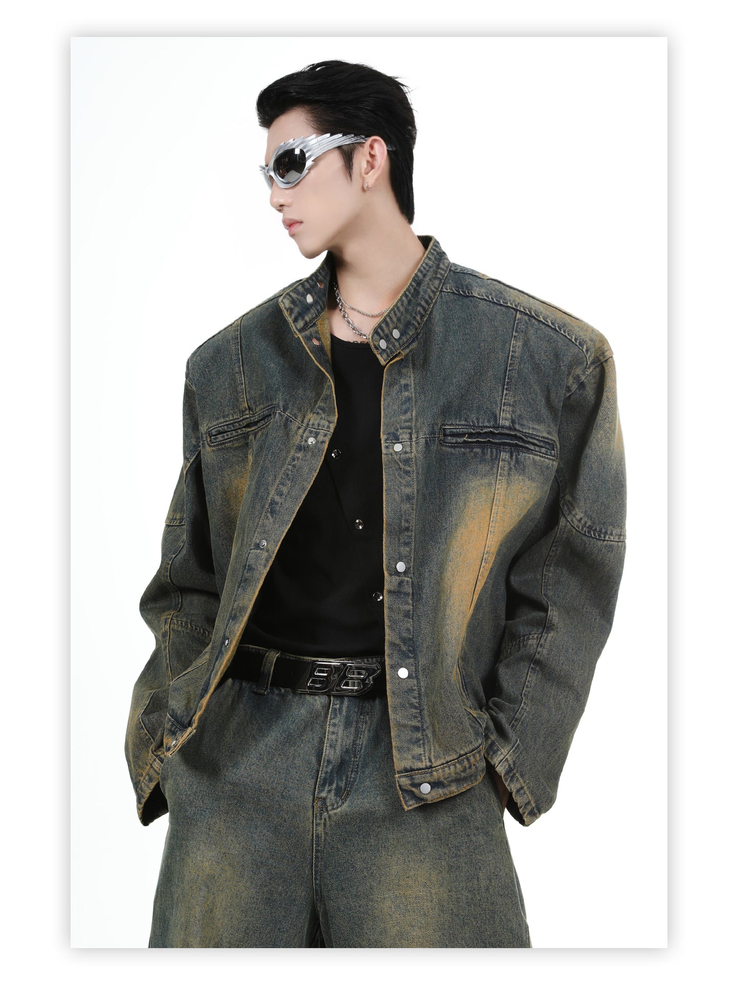 【24s June.】Washed Distressed Denim Jacket + Straight Pants