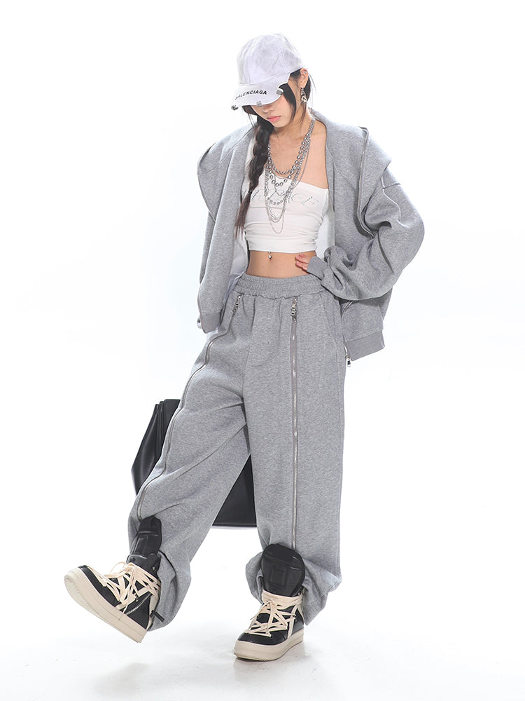 【25s Mar.】Zippered Design Hoodie/Wide-Leg Pants Set