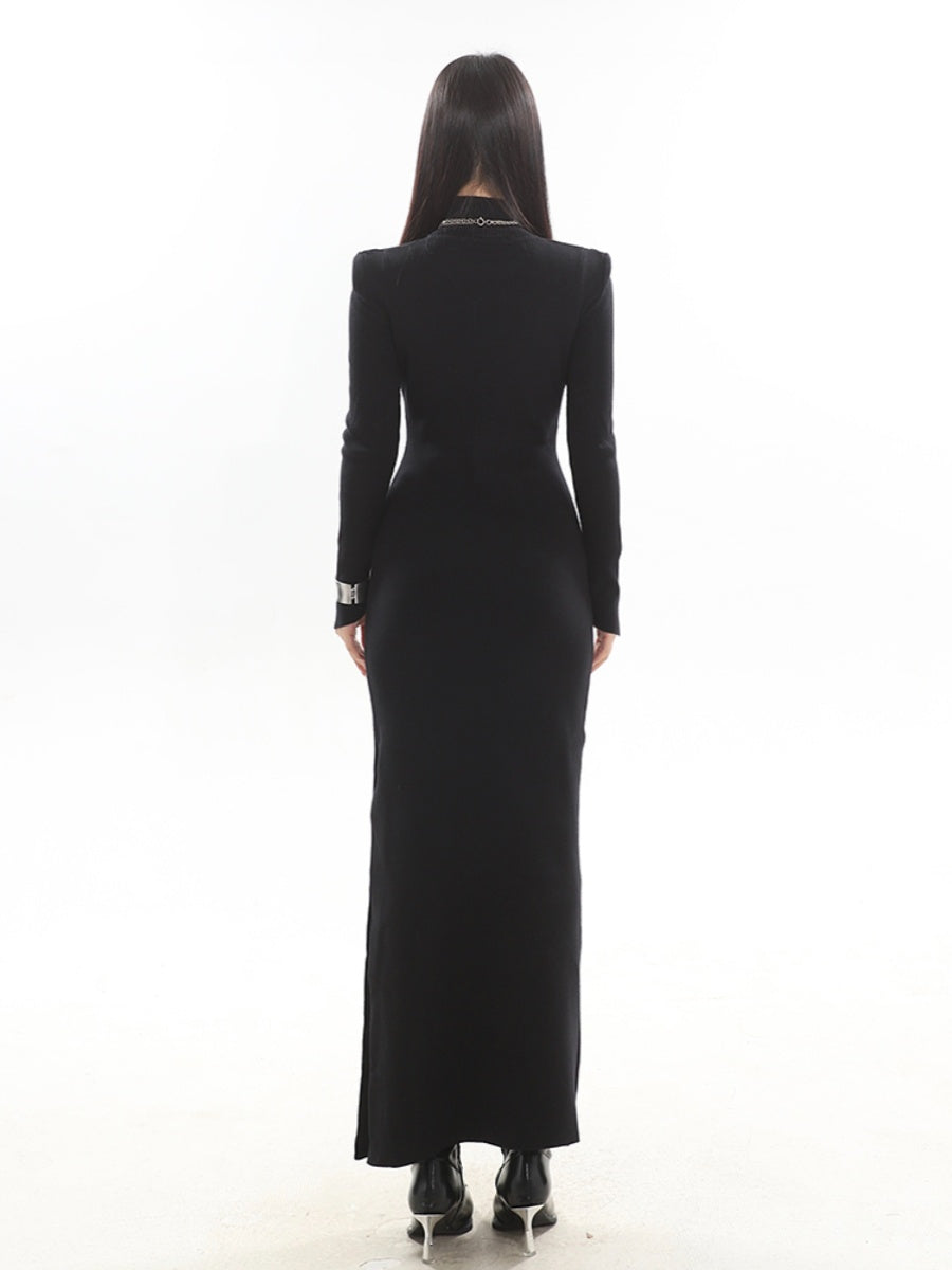 【23s November.】Knitted Patchwork Leather High-neck Slit Dress ArtsKoreanMan
