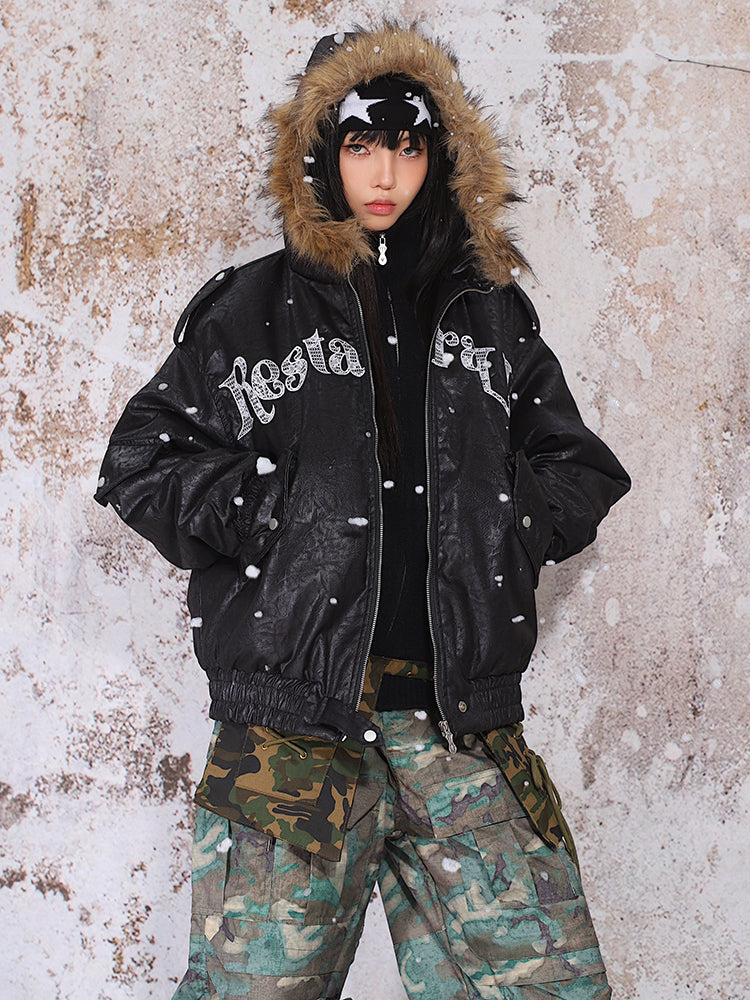 【24s Nov.】Fur Collar Leather Hooded Lace Lettering Cotton Jacket ArtsKoreanMan