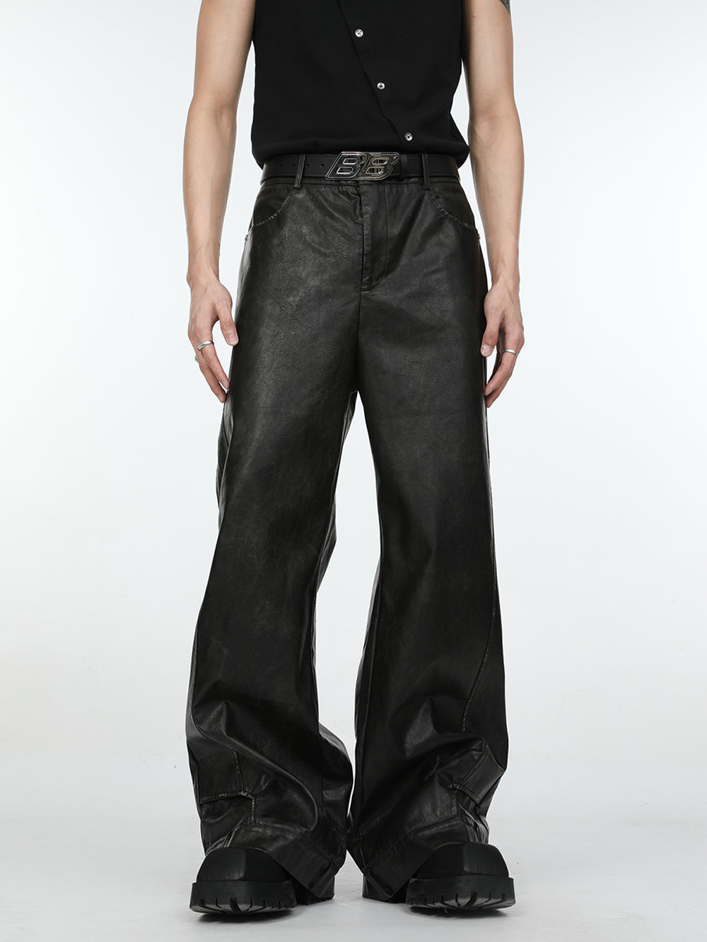 【24s March.】Deconstructed Three-dimensional Black Leather Pants ArtsKoreanMan