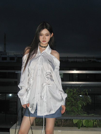 【23s August.】Pleated Off Shoulder Long Shirt