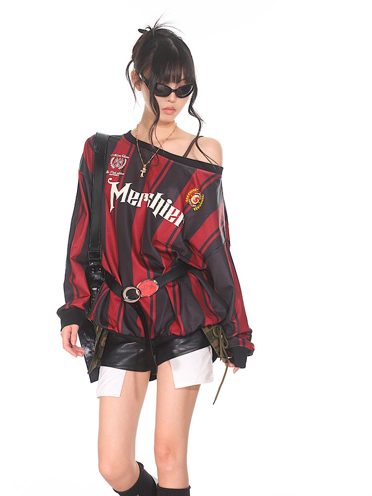 【24s Nov.】American Retro Off-shoulder Striped Jersey ArtsKoreanMan