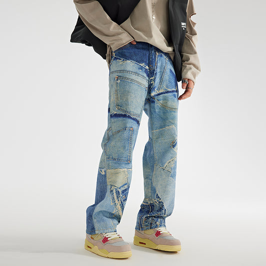 【24s April.】High Street Straight-leg Gradient Patchwork Jeans