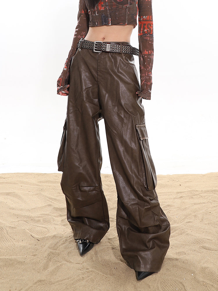 【24s January.】Heavyweight Large Pocket Draped High Waisted Leather Pants