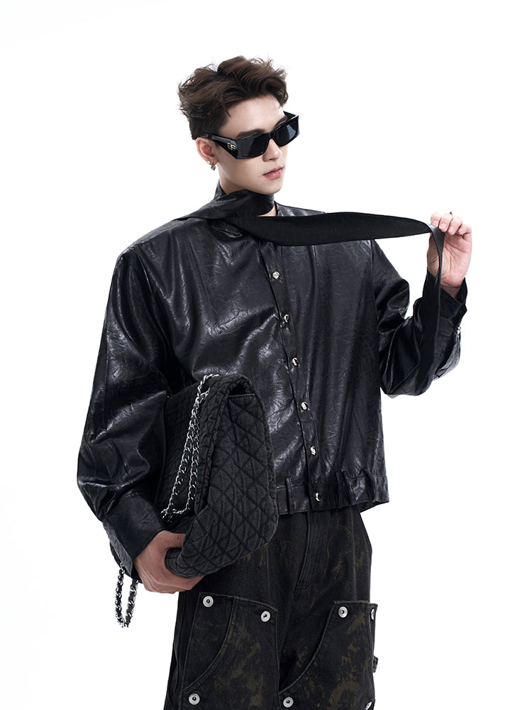 【24s Oct.】Niche Deconstructed Bow Tie Design Leather Shirt