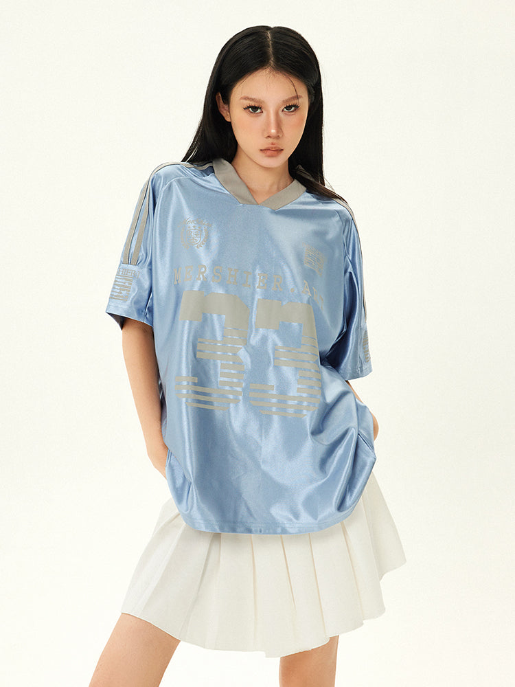 【24s July.】V-neck Vintage Satin Blue Football Jersey ArtsKoreanMan