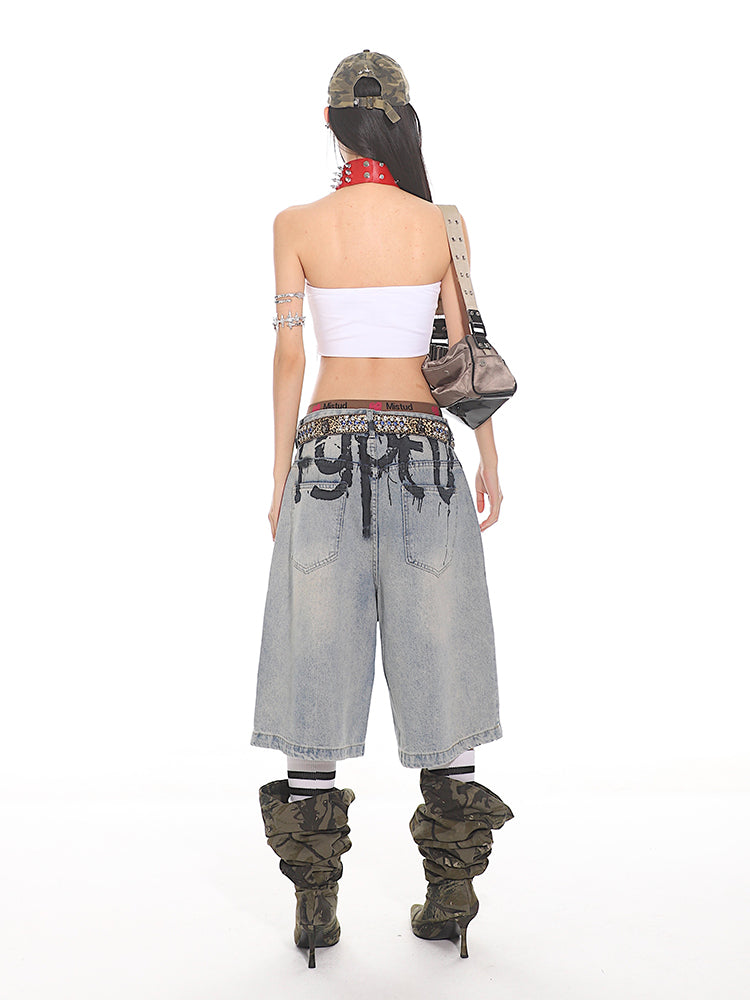 【24s Aug.】Niche High-end Graffiti Letter Denim Shorts