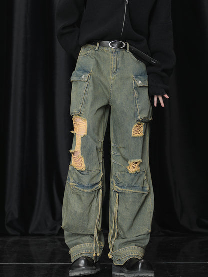 【23s December.】Distressed Cargo Jeans with Faded Design