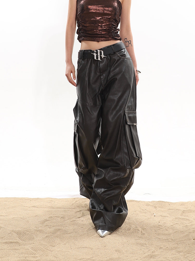 AKM】 Loose Glossy Leather Pants with Large Pockets