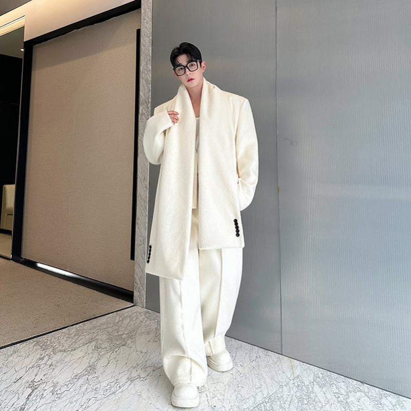 【24s Dec.】Heavy Woolen Collarless Suit, Scarf and Straight Pants Three-piece Suit ArtsKoreanMan