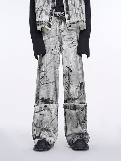 【25s Jan.】High Street White Graffiti Detachable Design Jeans