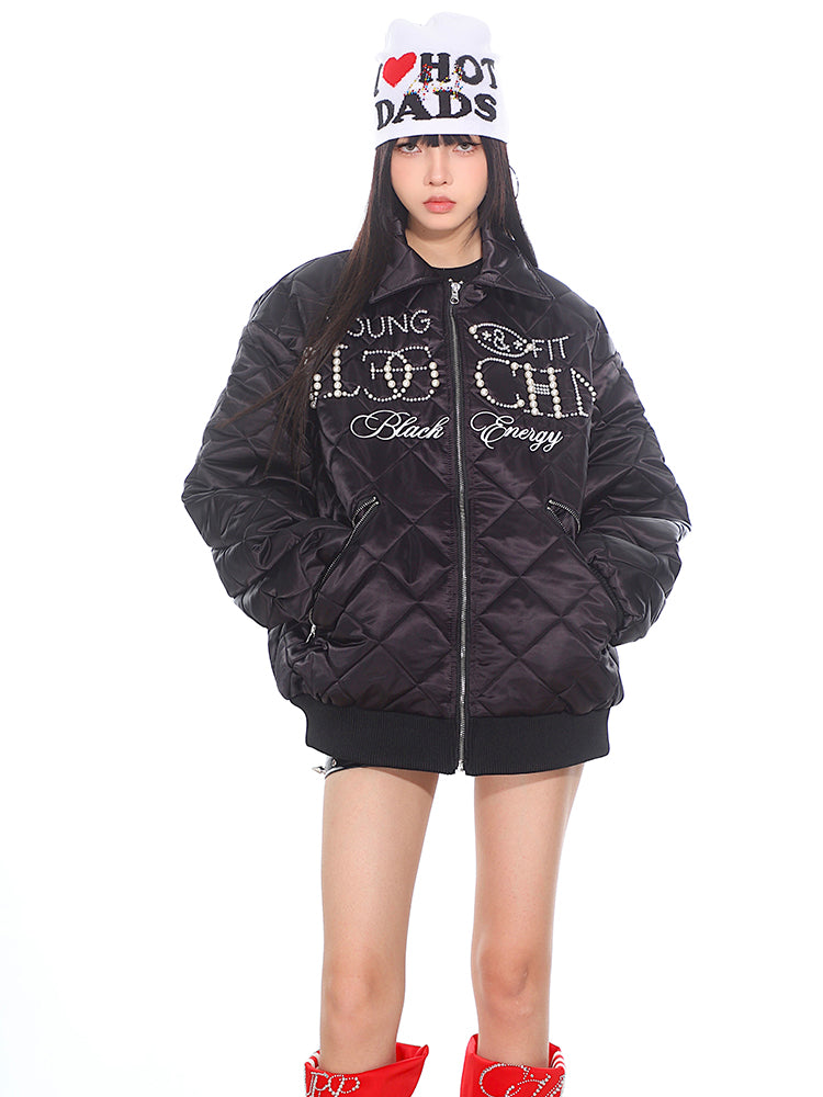 【24s Nov.】Pearl Lettering Diamond Pattern Padded Jacket