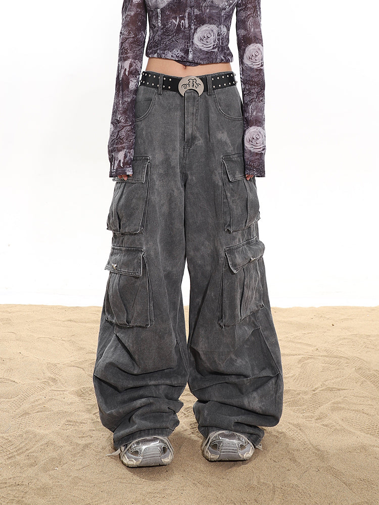 【24s January.】Deconstructed Multi-pocket Pleated Wide-leg Work Jeans