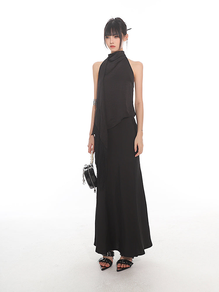 【24s Nov.】New Chinese Style Halter Neck Satin Backless Vest + Skirt Set