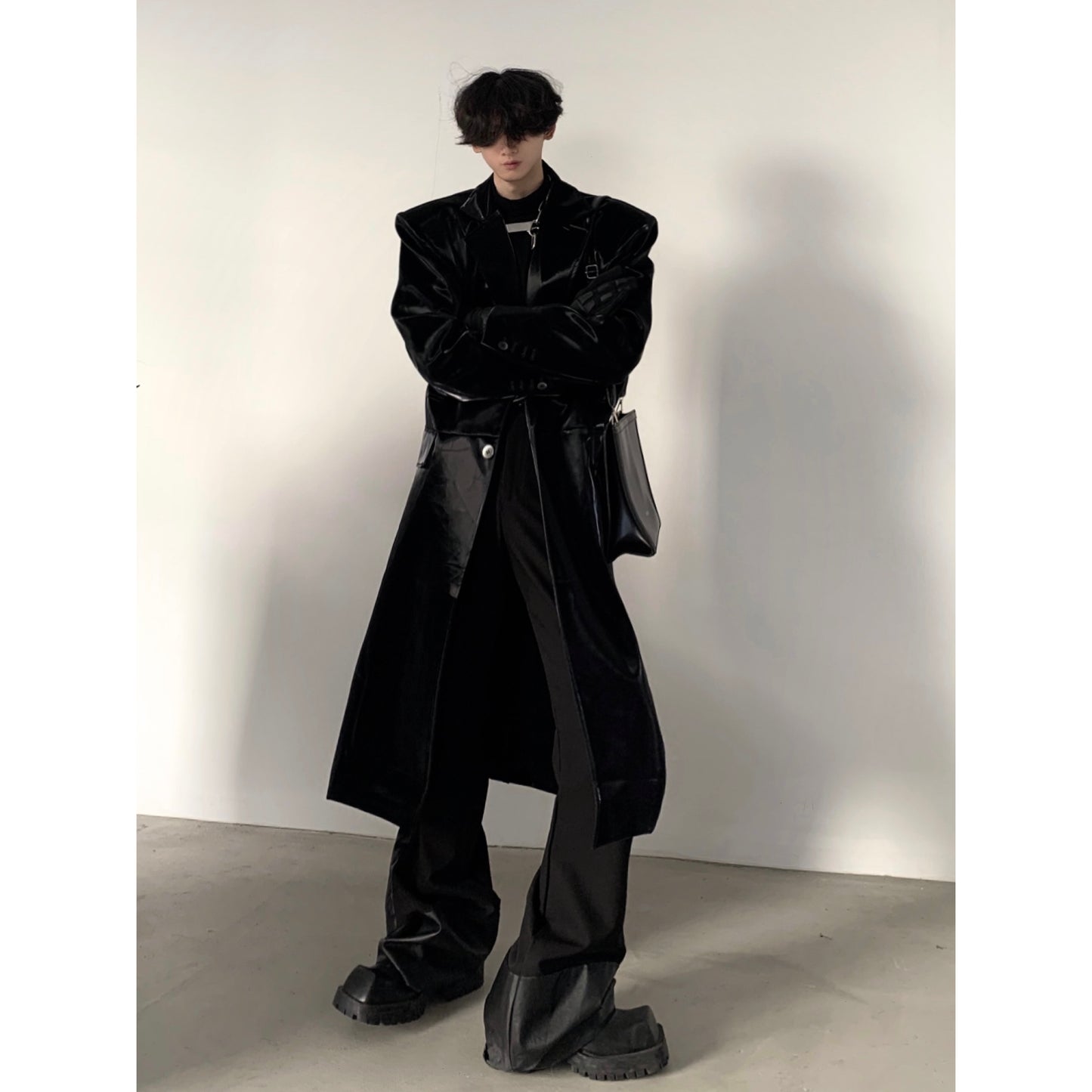 【23s December.】Liquid Black Pu Leather Coat with Shoulder Pads