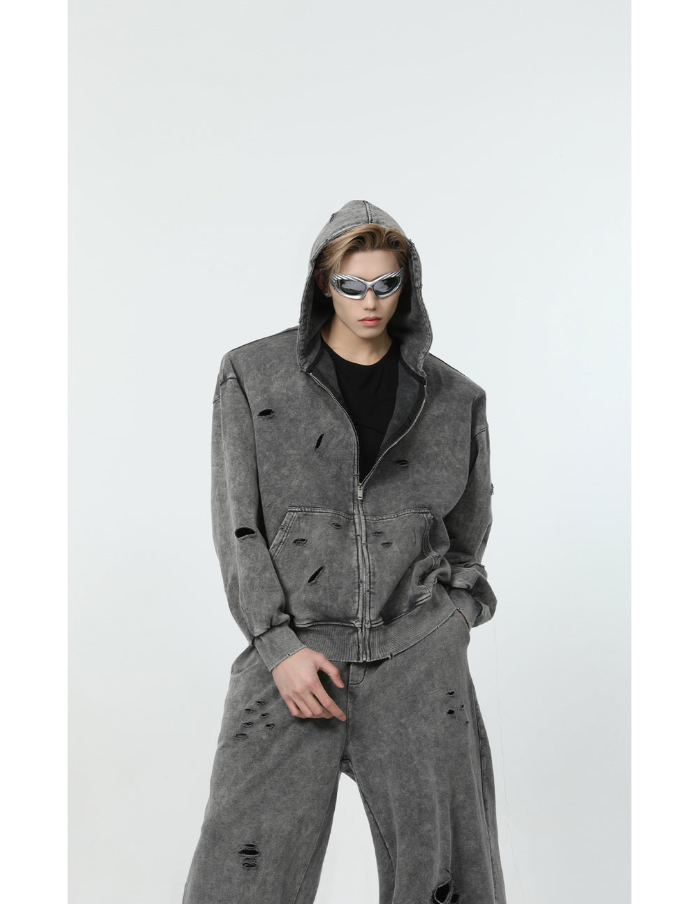 【24s March.】Destroyed Washed Distressed Hooded Cardigan Baggy Pants Suit ArtsKoreanMan