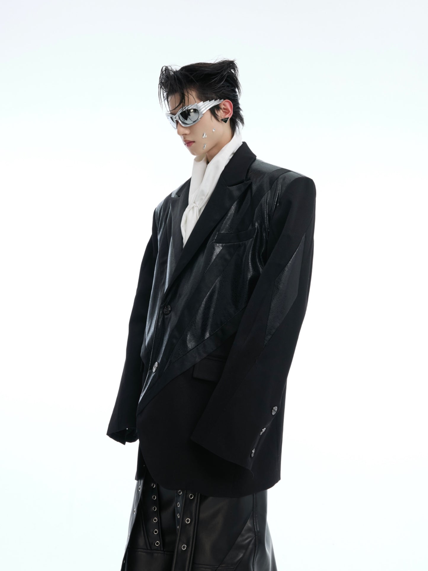 【25s Mar.】Niche Split PU Leather Stitching Shoulder Pad Suit Jacket