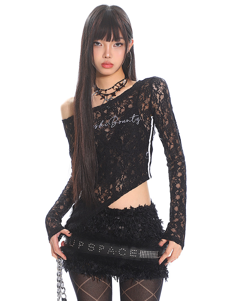 【25s Mar.】Off-shoulder Lace Slim Fit Irregular Embroidery Top~