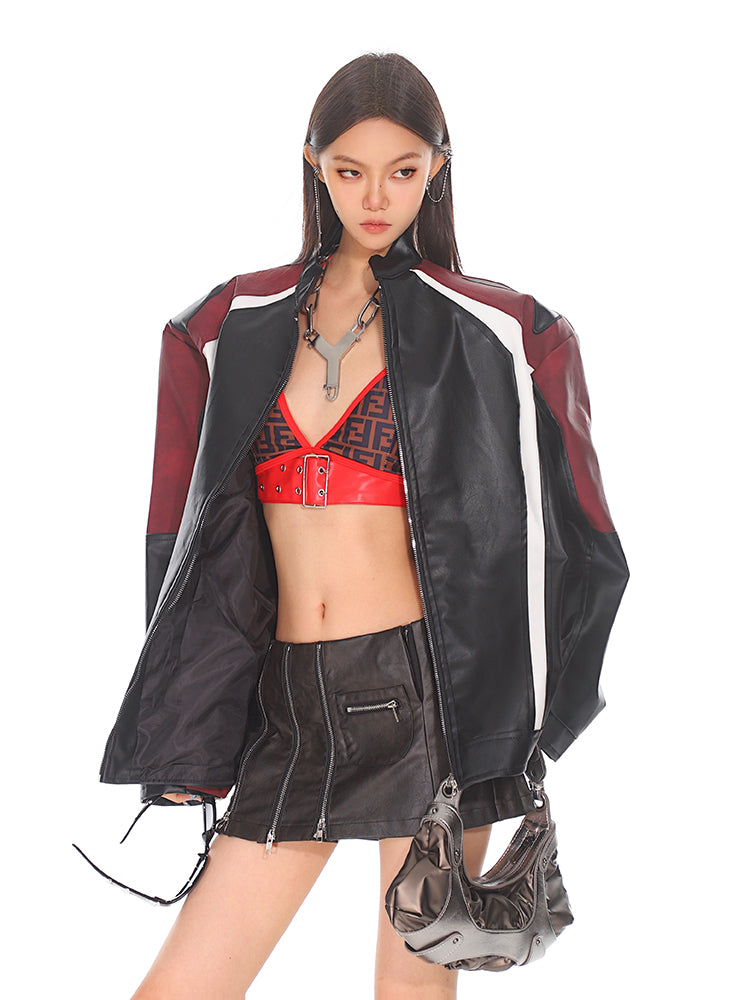 【24s Sep.】Black and Red Contrast Leather Motorcycle Jacket