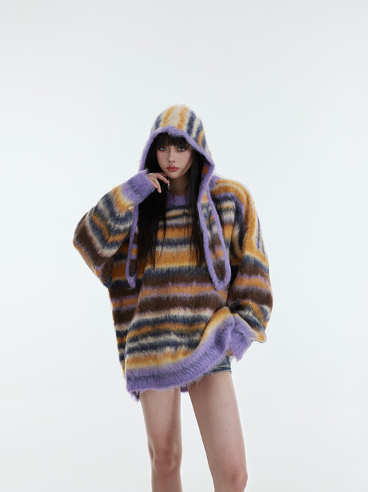 【23s October.】Striped Plush Hat and Sweater Two-piece Set