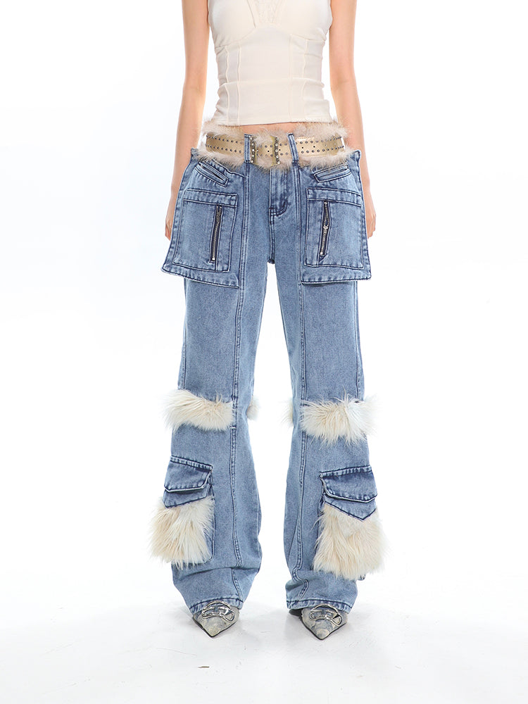 【25s Mar.】Retro Faux Fur Patchwork Utility Straight-Leg Denim Pants