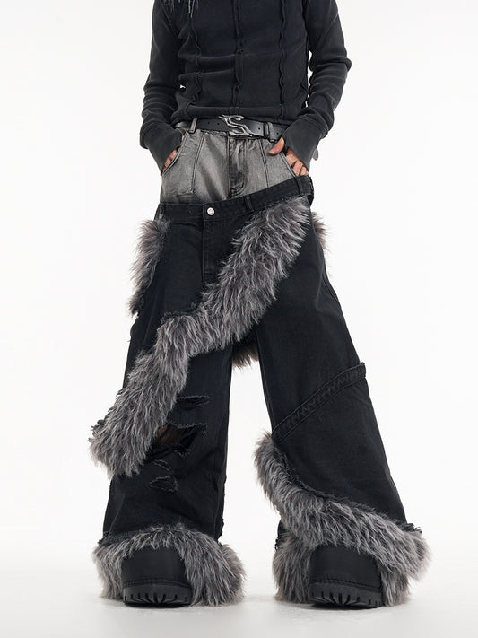 【25s Jan.】Double Waist Fur Patchwork Ripped Floor-length Pants Trendy