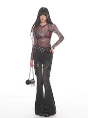 【24s Aug.】Leopard Print Mesh See-through Letter Print Long Sleeves ArtsKoreanMan