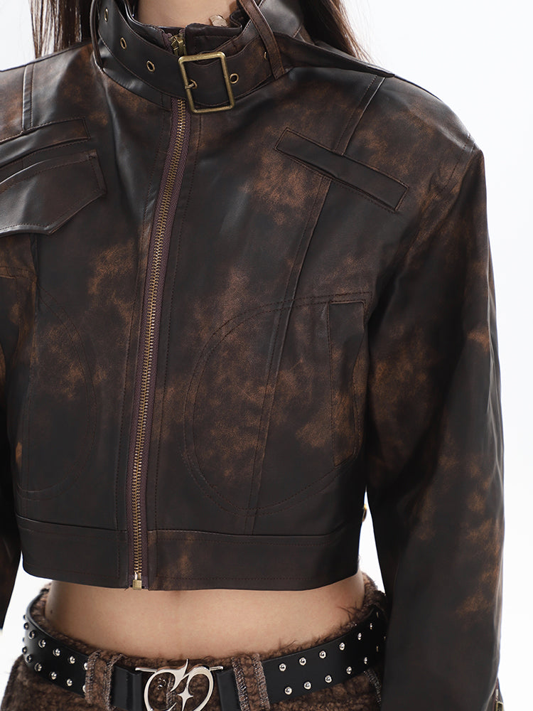 【23s October.】Brown Leather Motorcycle Short Jacket