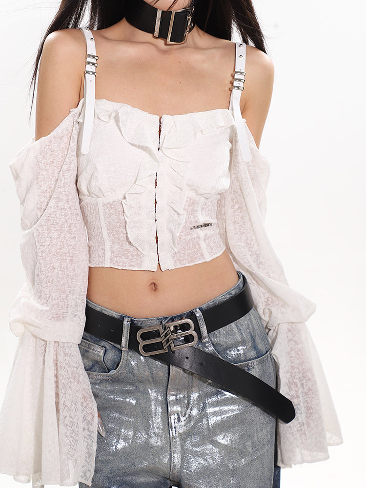 【24s January.】Lace See-through Belt Buckle Off-shoulder Top ArtsKoreanMan