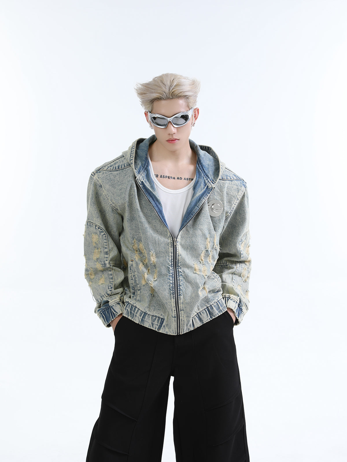 【24s Oct.】Heavy Vintage Distressed Metal Hooded Denim Jacket