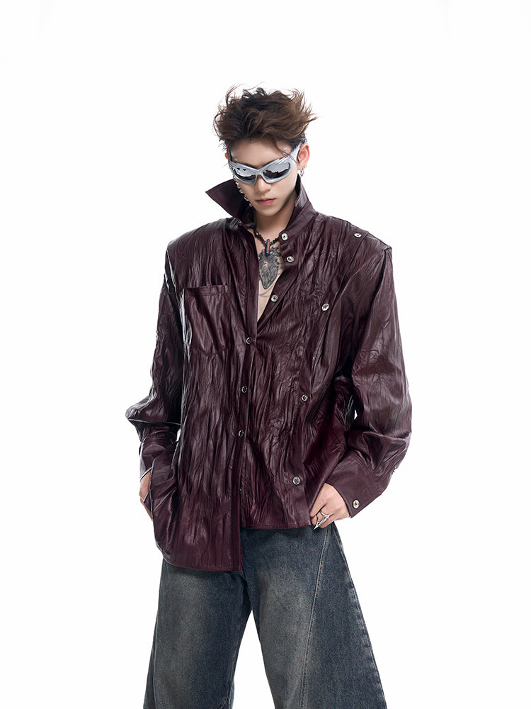 【24s Oct.】Niche Design Textured Patent Leather Metal Button Shirt