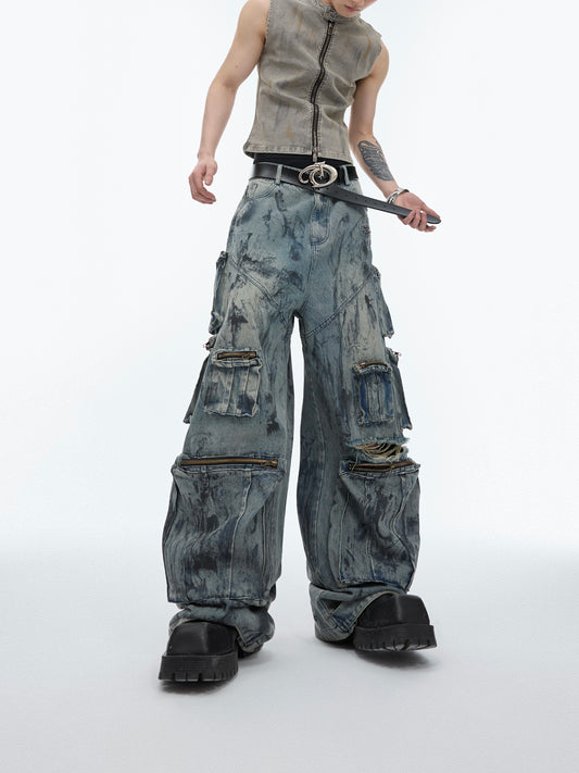 【24s Jun.】Distressed Multi-pocket Hand-painted Jeans