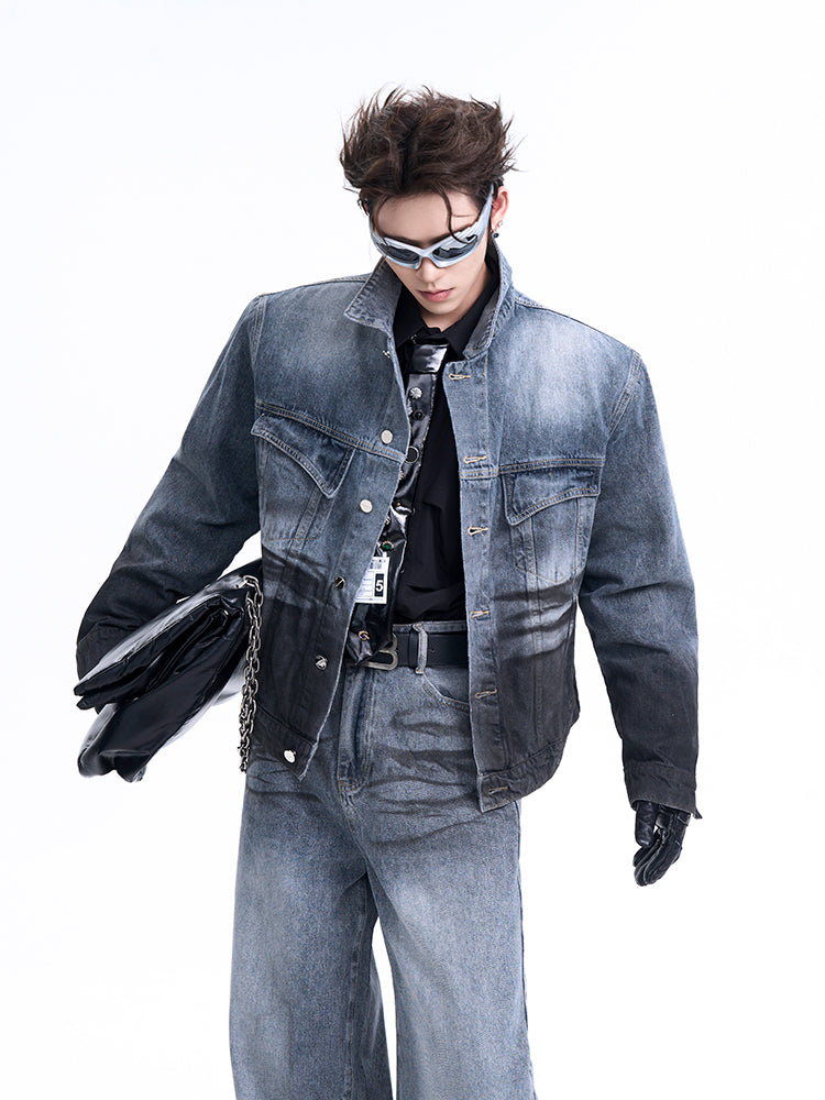 【24s Oct.】Black and Blue Gradient Retro Denim Jacket + Jeans