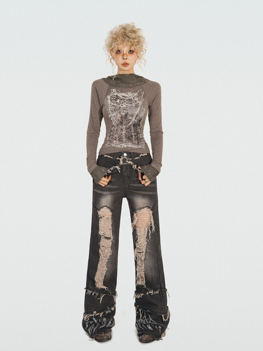 【24s Nov.】Wasteland Style Ripped Fringe Jeans