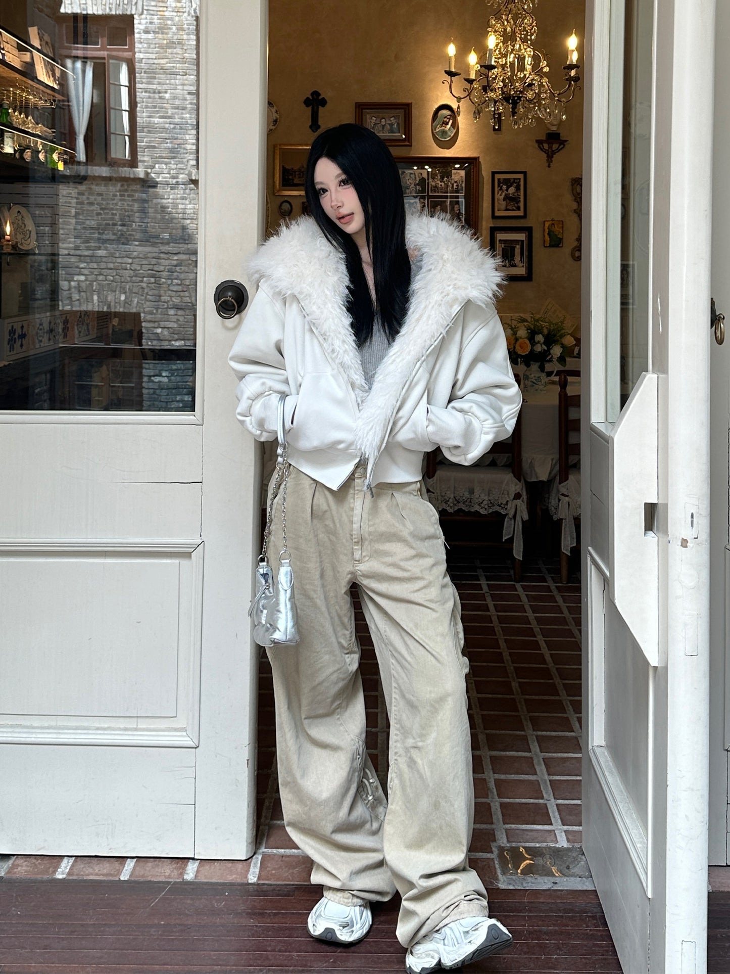 【25s Feb.】Lettering Sweatshirt White Fur Collar Hooded Jacket