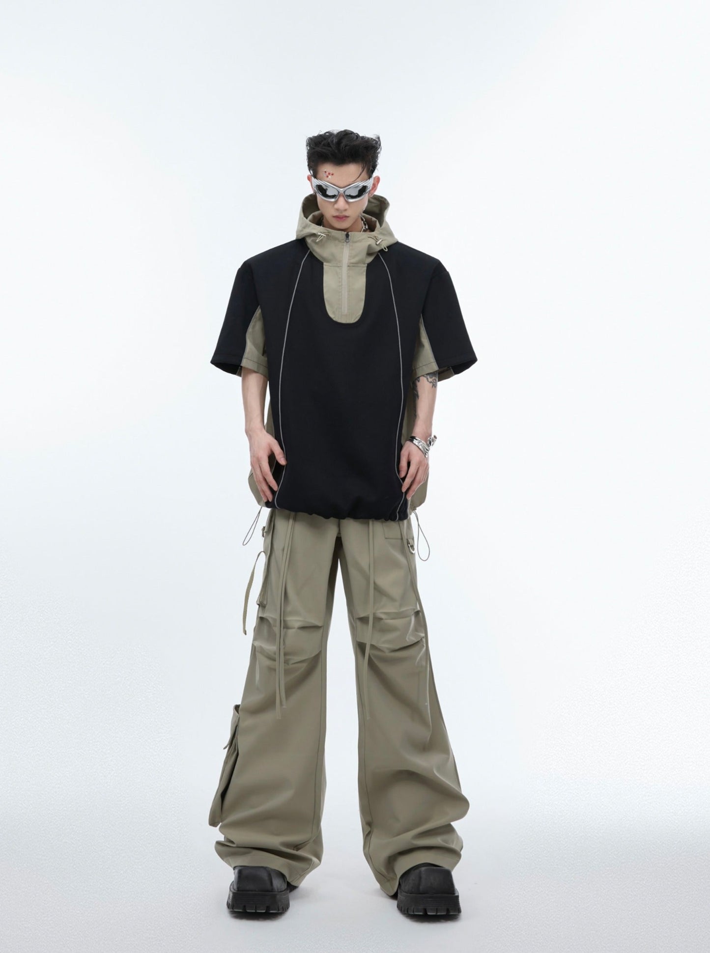 【24s June.】Deconstructed Patchwork Hooded T-shirt + Cargo Pants Suit