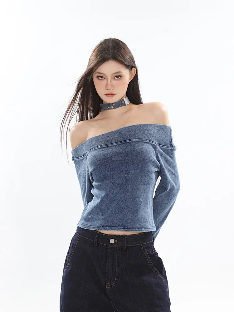 【23s September.】Vintage Denim Off Shoulder Shirt ArtsKoreanMan