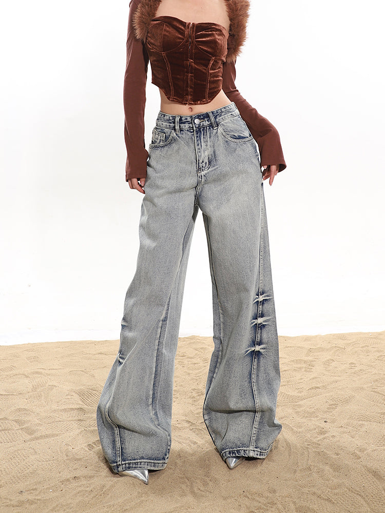 【24s January.】Washed Pleated Distressed Wide-leg Jeans