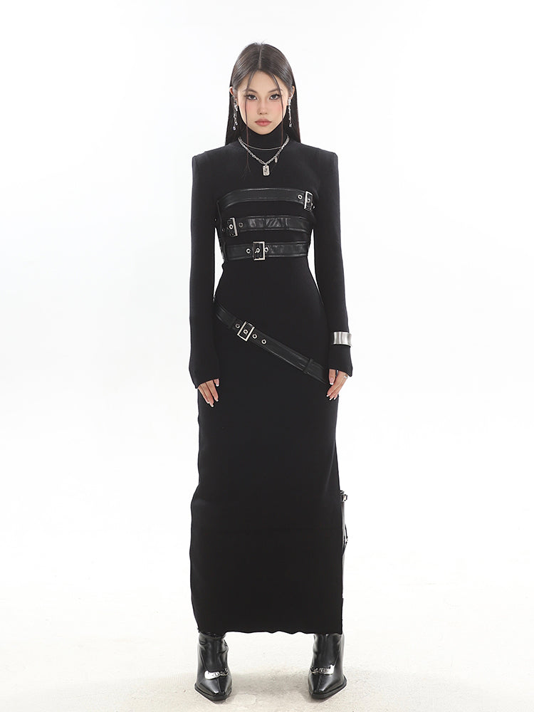【23s November.】Knitted Patchwork Leather High-neck Slit Dress ArtsKoreanMan