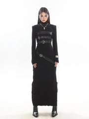 【23s November.】Knitted Patchwork Leather High-neck Slit Dress ArtsKoreanMan