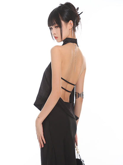 【24s Nov.】New Chinese Style Halter Neck Satin Backless Vest + Skirt Set