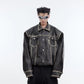 【24s February.】Retro Distressed Leather Jacket with Shoulder Pads