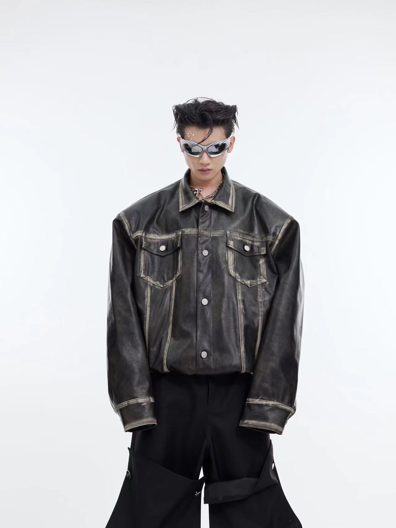 【24s February.】Retro Distressed Leather Jacket with Shoulder Pads