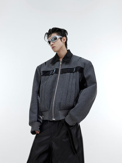 【23s November.】Deconstructed Split Glossy PU Leather Patchwork Woolen Jacket
