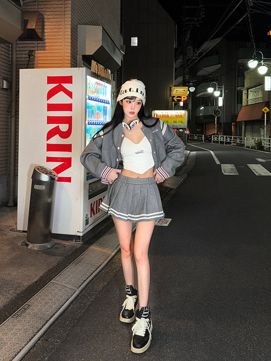 【24s Sep.】Preppy Style Short Baseball Jacket Pleated Skirt Suit TrendyStyle101